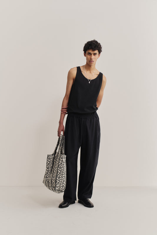 Men's accessories, tote bag, cotton, black with embroidered white flower blocks.