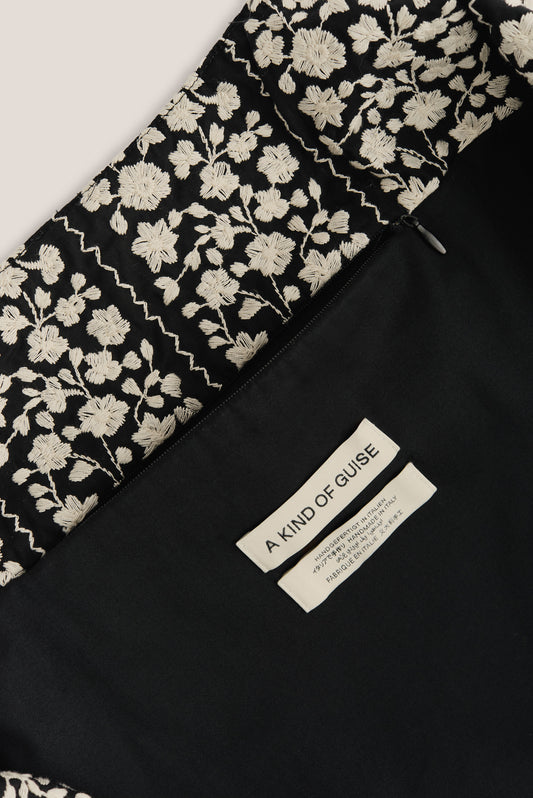 Women's accessories, Thika Bag, cotton, embroidered, black with white floral motifs.