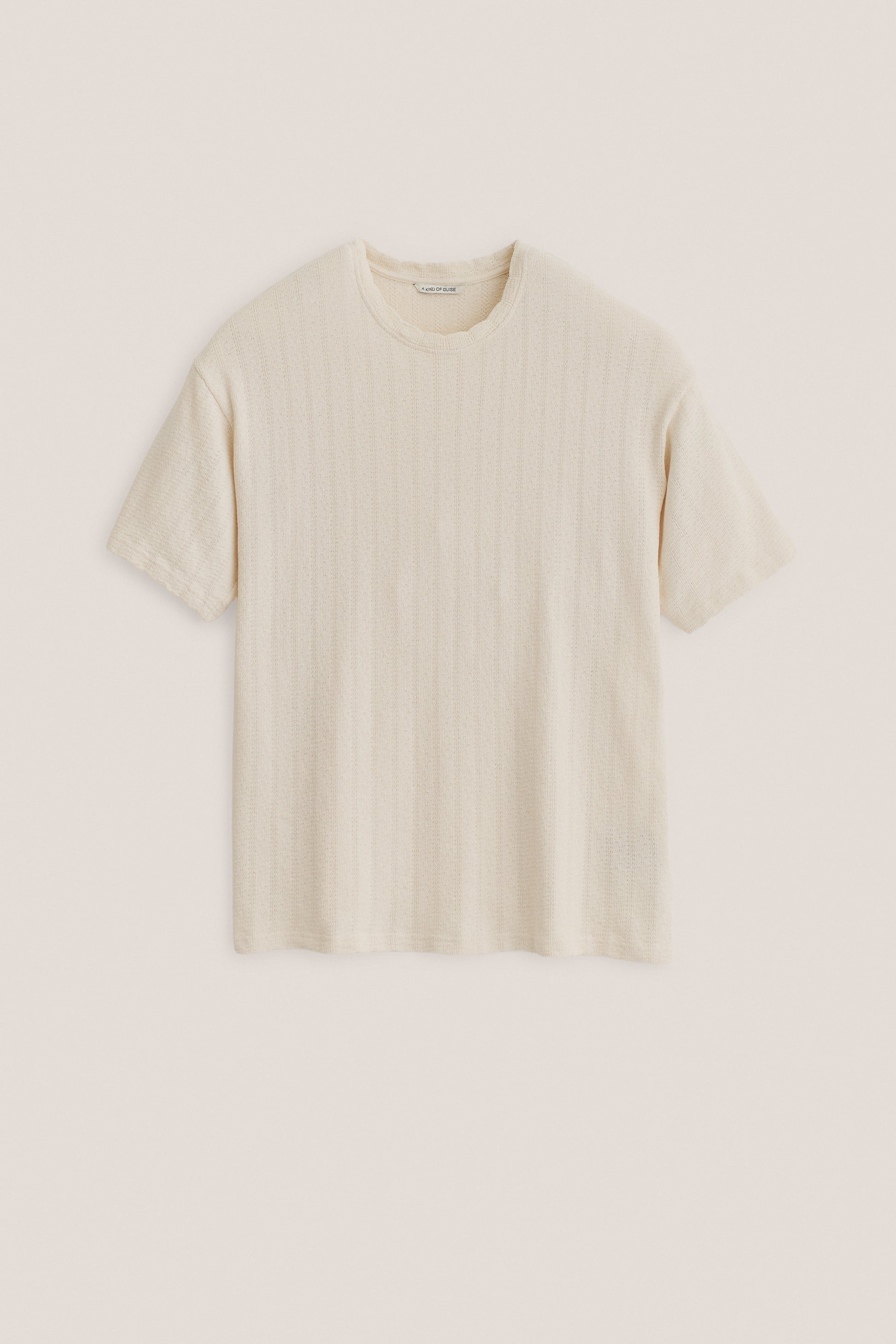 Men's short-sleeved jersey t-shirt, open-knit organic cotton-linen blend, off-white, boxy fit.