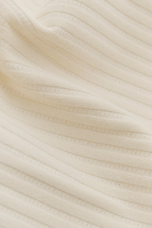 Unisex jersey tanktop, off-white cotton mix with rib structure and pointelle detailing.