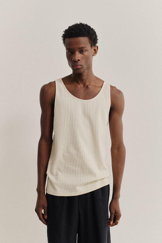 Men's jersey tanktop, off-white cotton rib with pointelle detailing.