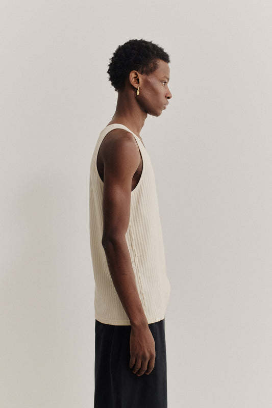 Unisex jersey tanktop, off-white cotton rib with delicate openwork, relaxed fit.