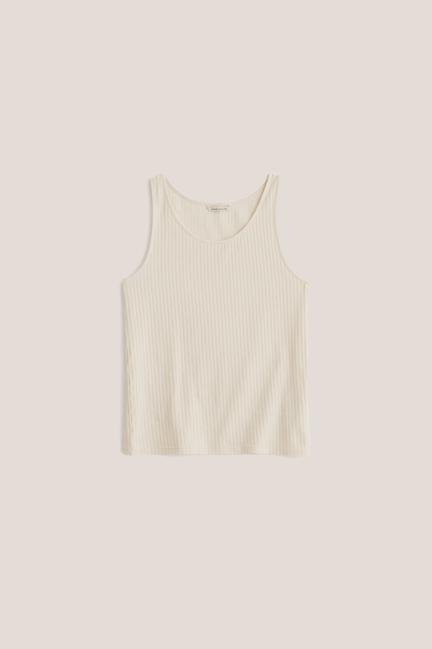 Unisex jersey tanktop, off-white cotton rib with delicate openwork detailing, scooped neckline.