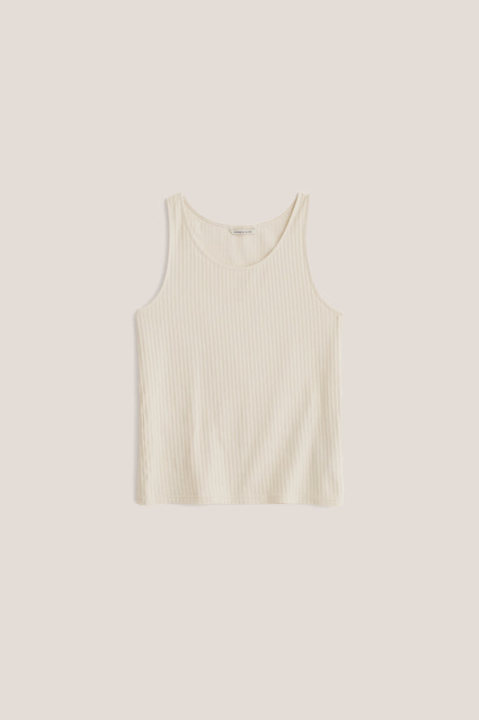 Unisex jersey tanktop, off-white cotton rib with delicate openwork detailing, scooped neckline.