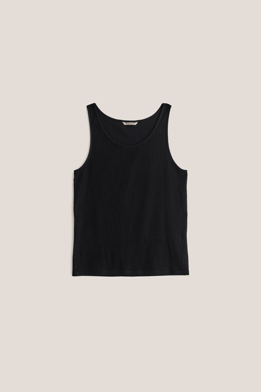 Unisex jersey tanktop, garment dyed cotton mix, black, with a ribbed structure and pointelle detailing.