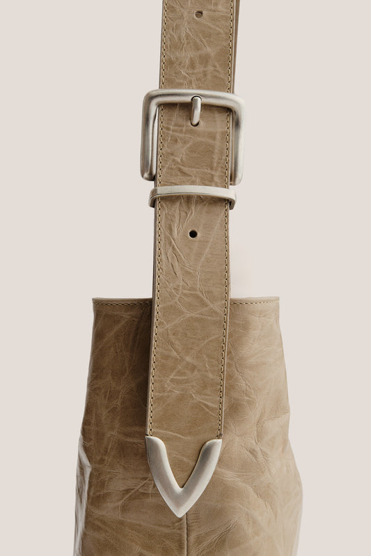 Men's accessories messenger bag, LWG-Certified calf leather with naturally creased surface, glossy depth, and adjustable belt buckle strap, light brown.
