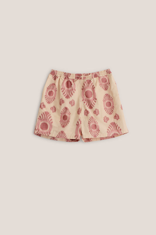 Men's shorts, cotton mix, ikat print, beige with red pattern, elastic waist.