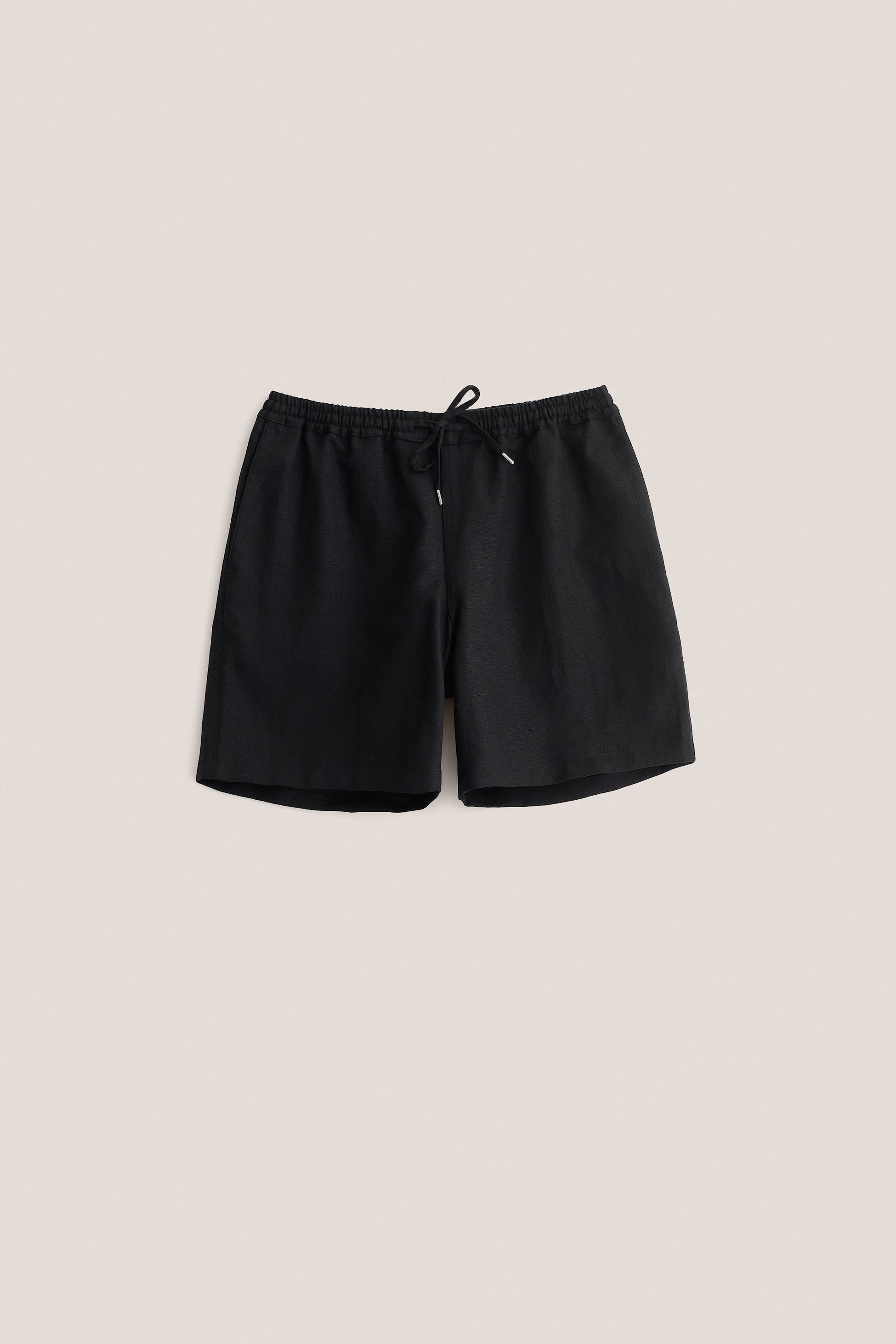 Men's shorts, worsted wool and linen blend, black, with elastic waist and pull cords.