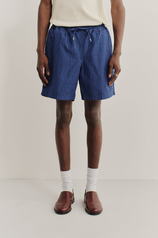 Men's shorts, cotton-linen seersucker, navy with white pinstripes, adjustable waistband.