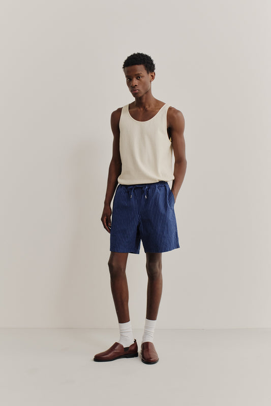Men's shorts, cotton-linen seersucker, navy with pinstripes, adjustable waistband.