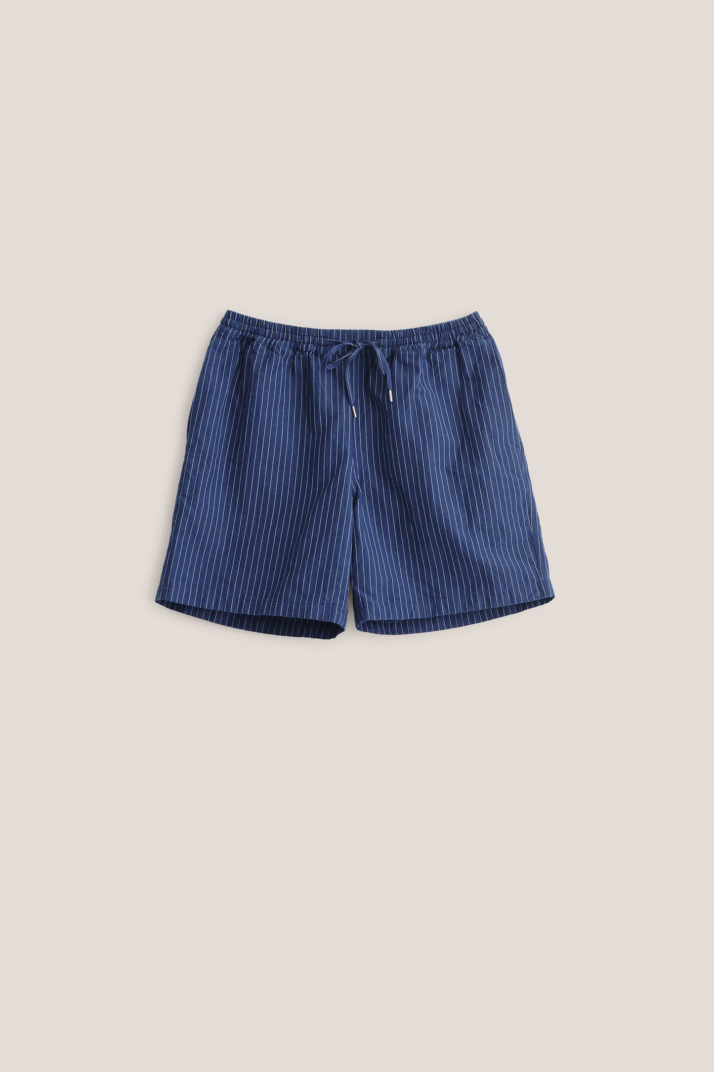 Men's shorts, cotton-linen seersucker with fine pinstripes, navy with white stripes, adjustable drawstring waist.