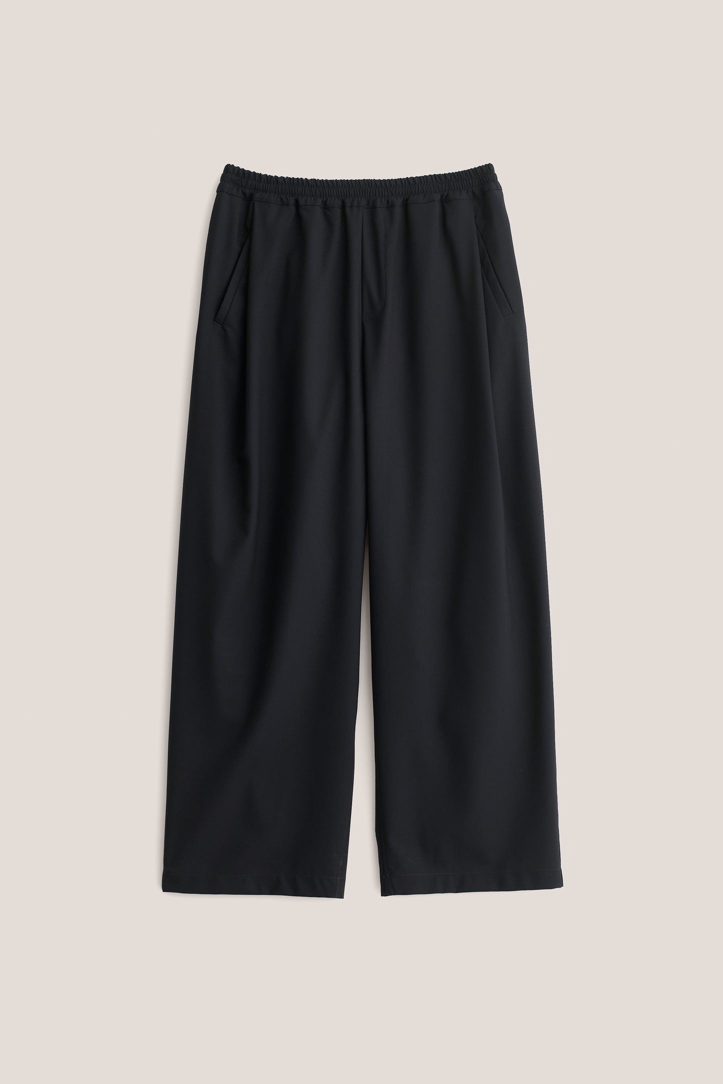 Unisex long-pants, virgin wool mohair blend, dark navy, wide leg, elastic waistband, front pleat, slanted welt pockets.