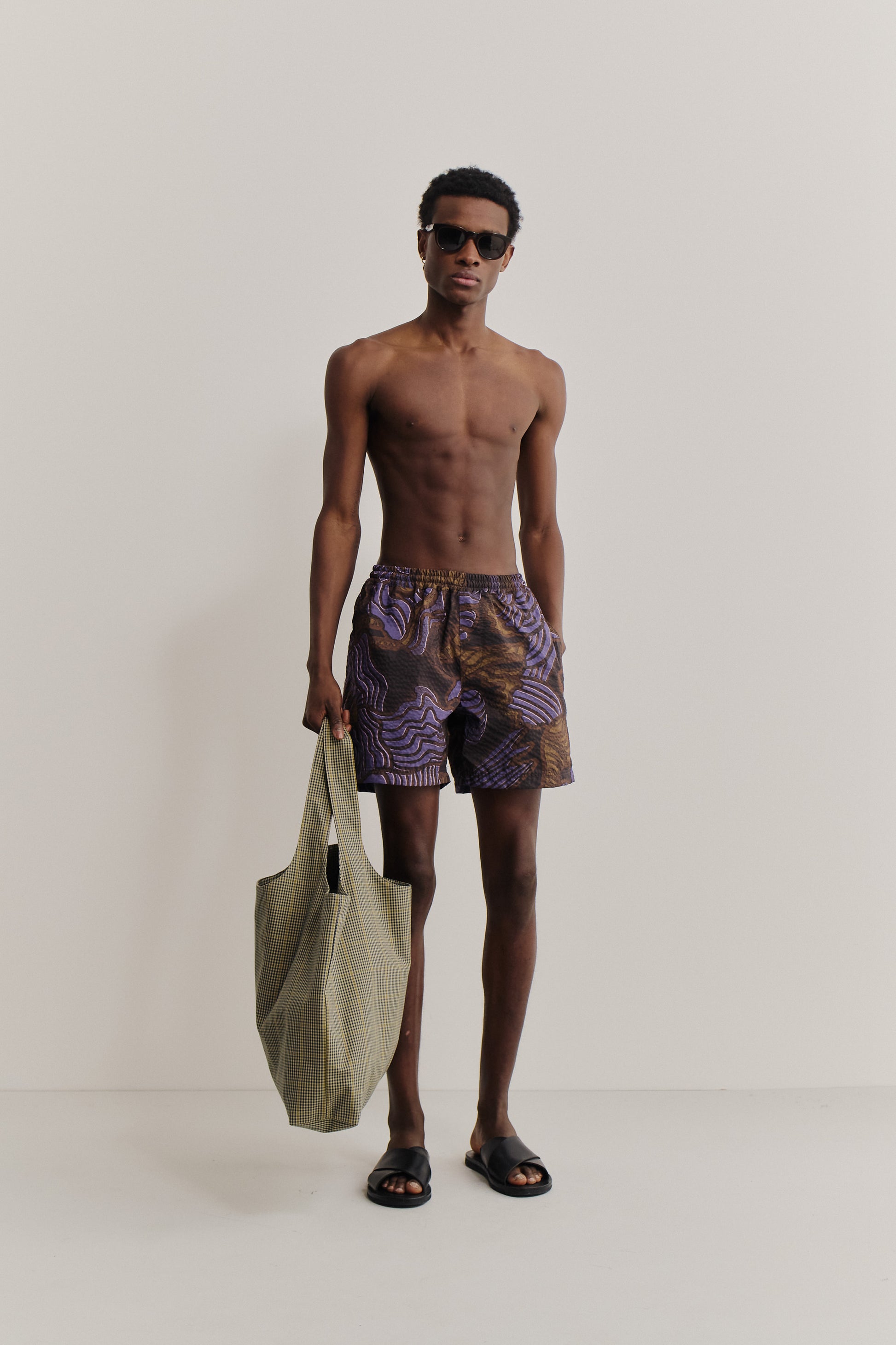 Men's shorts, seersucker recycled polyester, savage wildlife print.