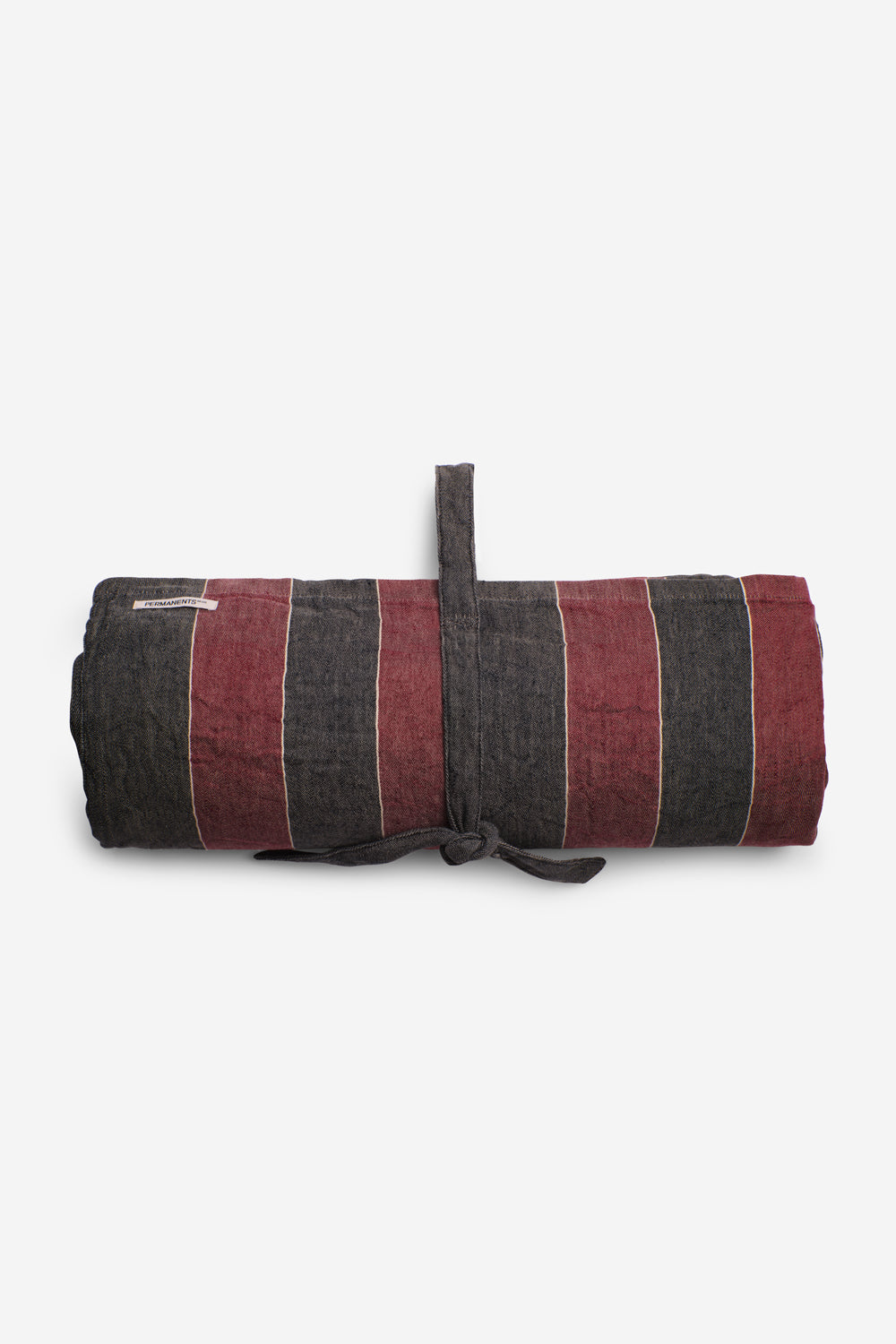 Accessories beach towel, linen-cotton mix, red and navy stripe, rolled with integrated ties.