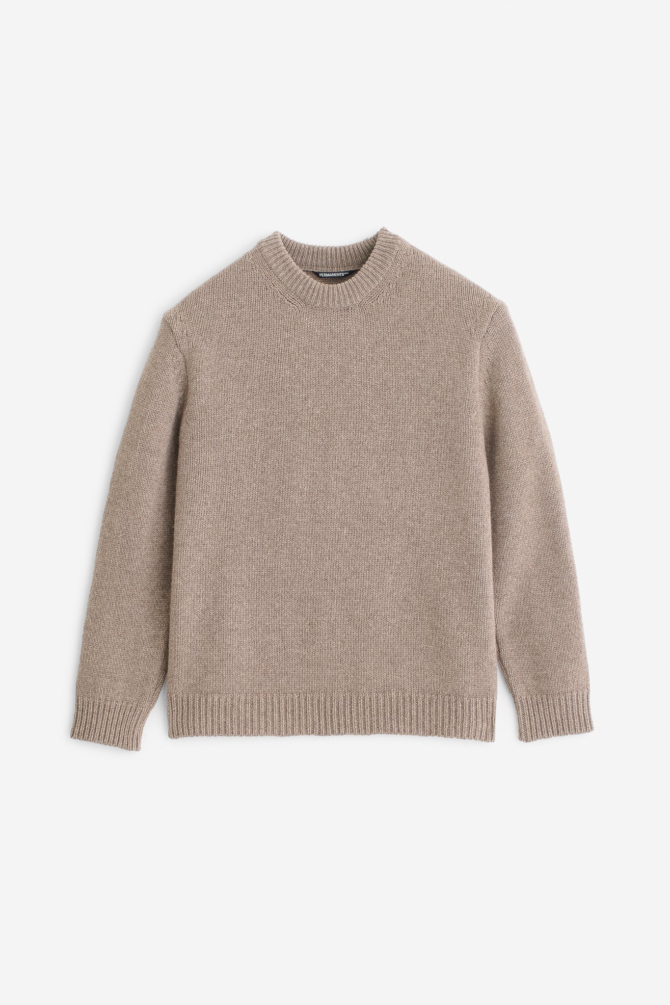 Men's knit pullover, taupe melange merino wool-cashmere blend, relaxed fit with rib-knit neck, cuffs, and hem.