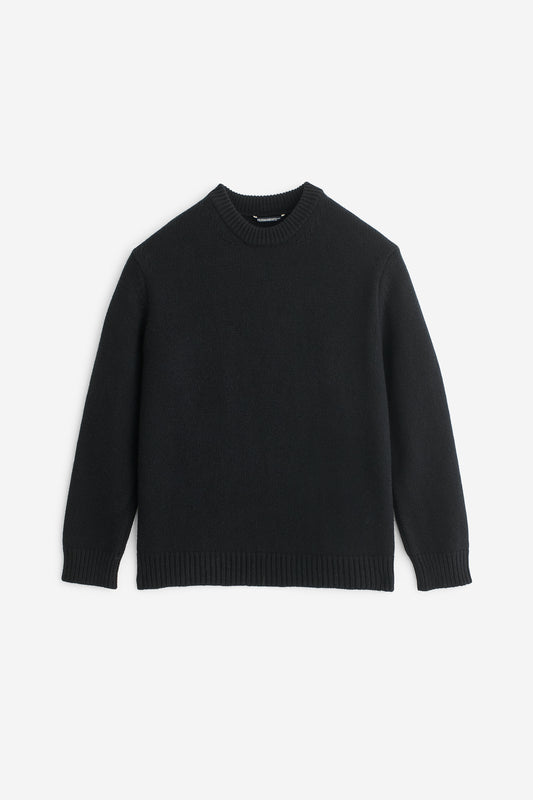 Men's knit pullover, black wool-cashmere blend, relaxed fit with rib-knit details.