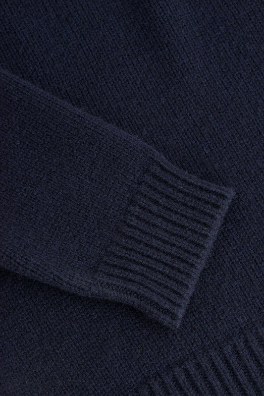 Men's knit pullover, wool-cashmere blend, navy, with ribbed cuff detail.