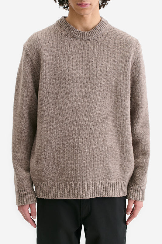 Men's knit pullover, taupe melange merino wool-cashmere blend, relaxed fit with rib-knit details.