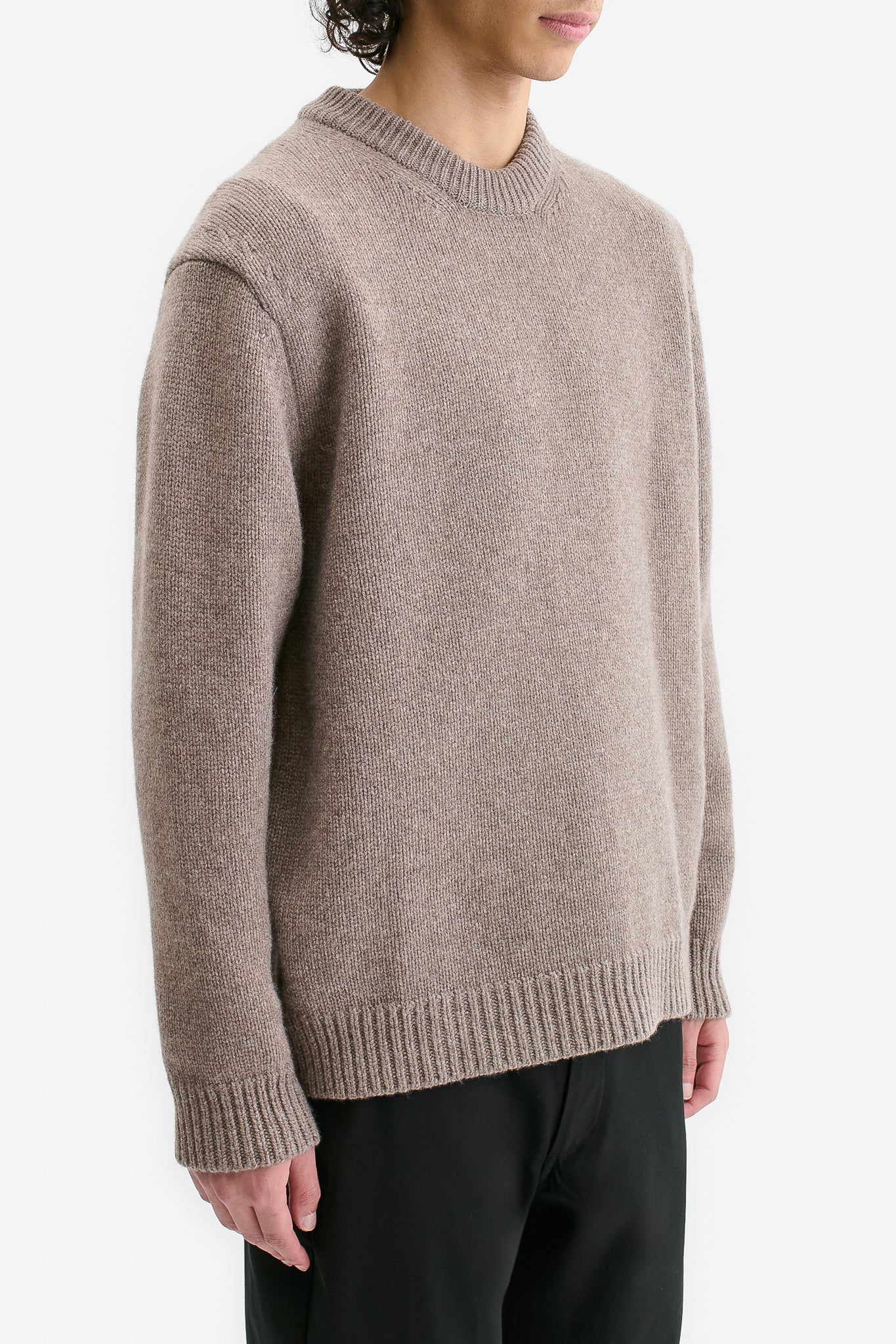 Men's knit pullover, taupe melange wool-cashmere blend, relaxed fit with rib-knit neck, cuffs, and hem.