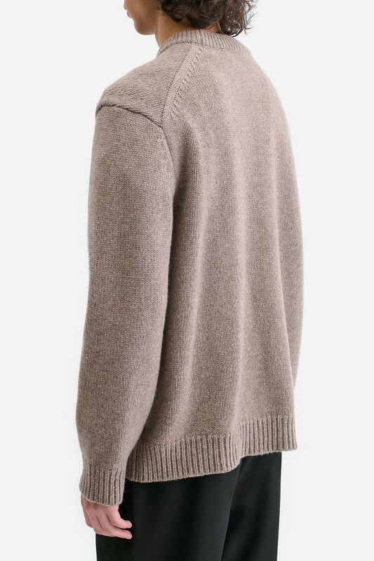 Men's knit pullover, taupe melange wool-cashmere blend, relaxed fit with rib-knit details.