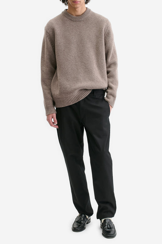 Men's knit pullover, wool-cashmere blend, taupe melange, relaxed fit, rib-knit details.