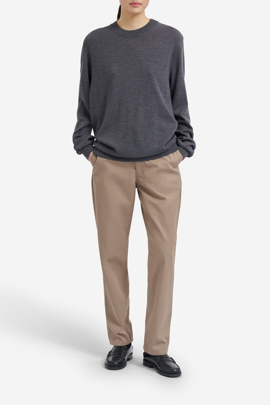 Women's knit crewneck, mulesing-free merino wool, dark-grey, with rib-knit details.