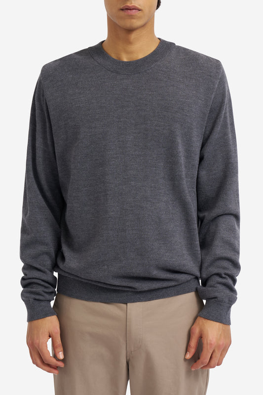 Men's knit crewneck, mulesing-free merino wool, dark-grey, with rib-knit neck, cuffs, and hem.