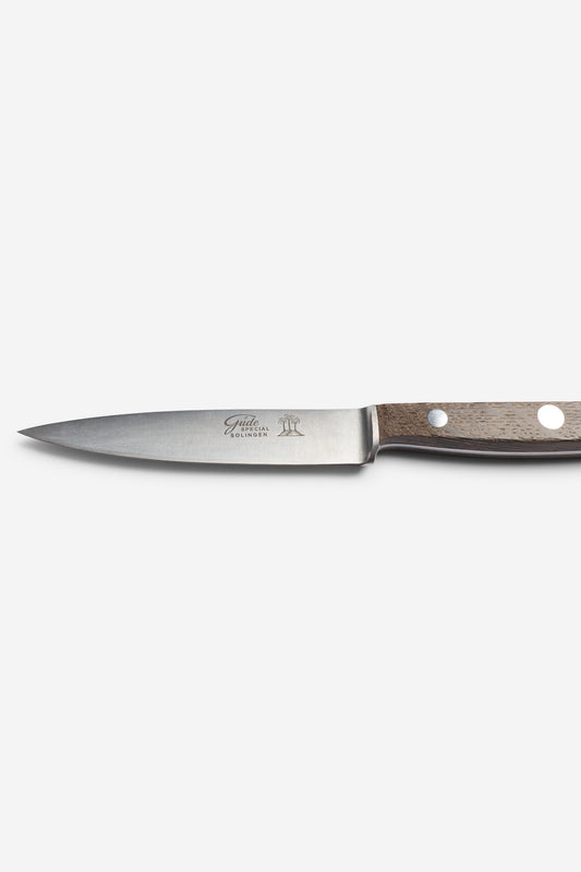 Office knife with a 10 cm steel blade and a dark brown bog oak handle with three silver rivets.