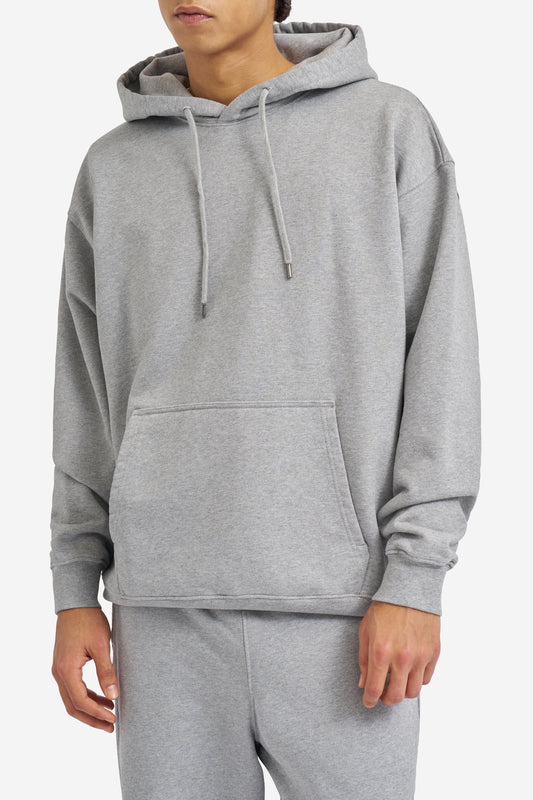 Men's jersey hoodie, 100% organic cotton, pre-washed, grey melange, with adjustable hood and kangaroo pocket.