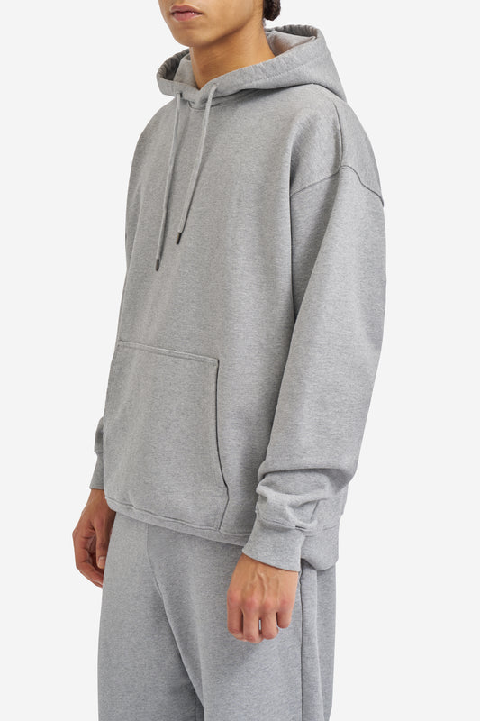 Men's jersey hoodie, 100% organic cotton, pre-washed, grey melange, with kangaroo pocket.