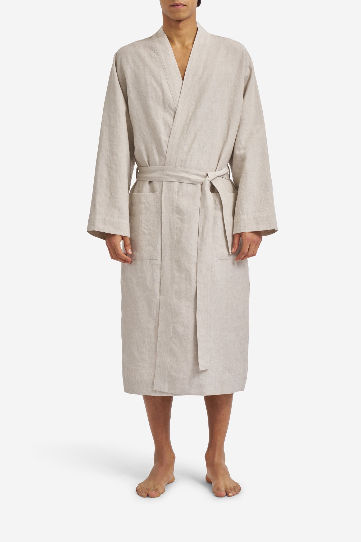 Men's outerwear bathrobe, 100% Belgian linen, flax color, kimono-inspired with patch pockets and tied belt.
