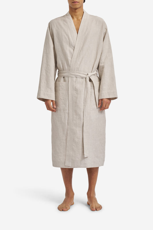 Men's outerwear bathrobe, 100% Belgian linen, flax color, kimono-inspired with patch pockets and tied belt.