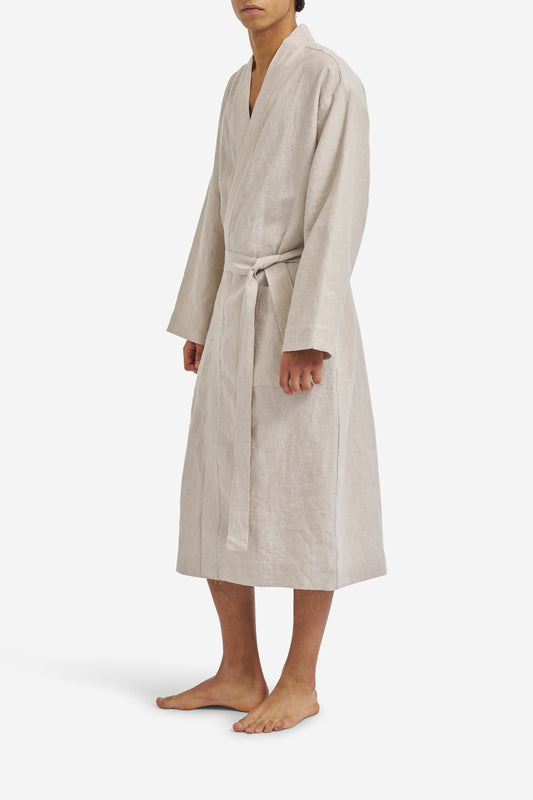 Men's outerwear bathrobe, 100% Belgian linen, flax color, kimono-inspired with belt and patch pockets.