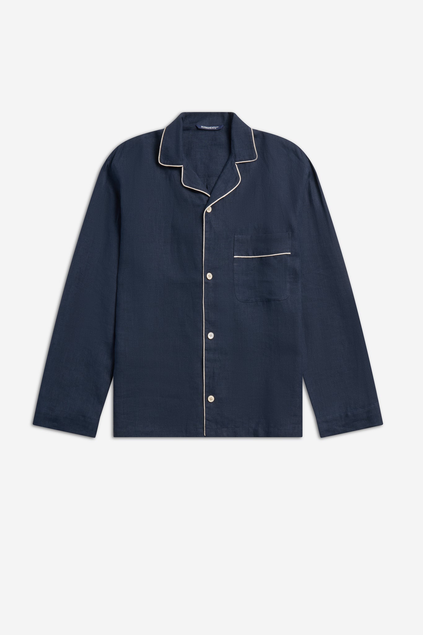 Unisex long-sleeved shirt, 100% Belgian linen, midnight navy, with piped trim and chest pocket.