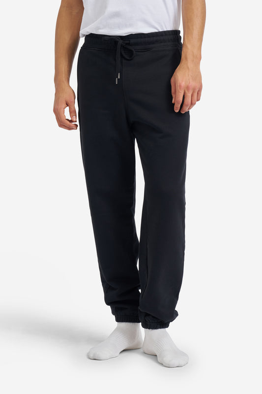 Men's long-pants, organic cotton jersey, black, with drawstring and embroidered logo.