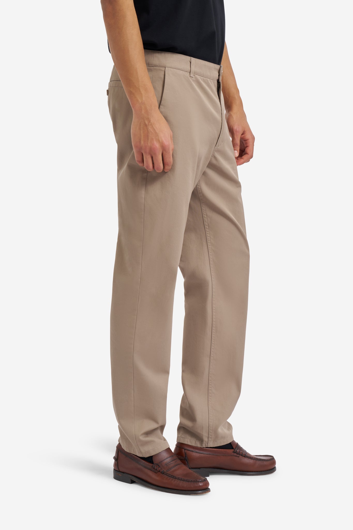 Men's long-pants, organic cotton twill, washed beige, flat front, tapered fit.